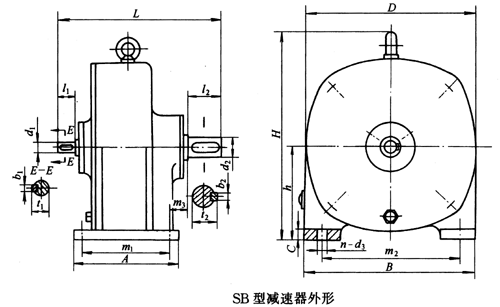 SB系列雙擺線針輪減速機外形及安裝尺寸、針齒中心圓直徑及傳動比